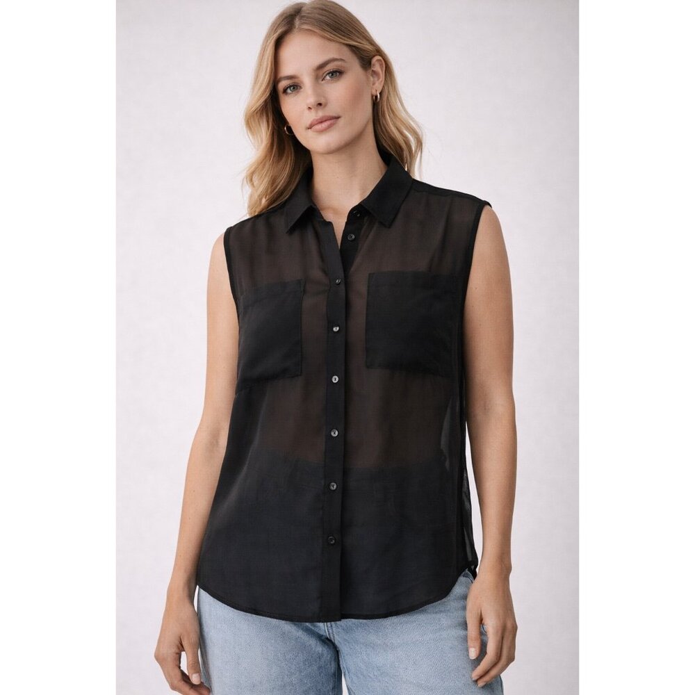 Juny Black Sheer Sleeveless Button Front Blouse Women’s Small